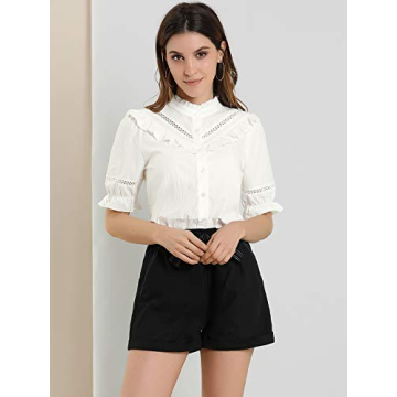 Allegra K Women's Button Down Shirt Cotton Short Sleeve Ruffle Stand Collar Lacework Work Blouse Top Large White