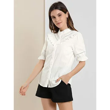Allegra K Women's Button Down Shirt Cotton Short Sleeve Ruffle Stand Collar Lacework Work Blouse Top Large White