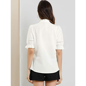 Allegra K Women's Button Down Shirt Cotton Short Sleeve Ruffle Stand Collar Lacework Work Blouse Top Large White
