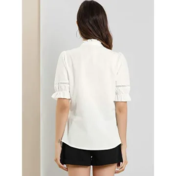 Allegra K Women's Button Down Shirt Cotton Short Sleeve Ruffle Stand Collar Lacework Work Blouse Top Large White