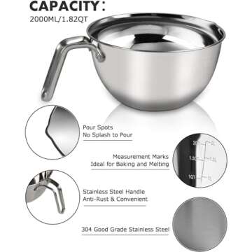 Marsheepy Double Boiler Pot Set,2000ML/1.8QT Mixing Bowl for Chocolate Melting, 2800ML/ 2.54QT 304 Stainless Steel Pot With Silicone Spatula for Melting Chocolate, Candy, Candle, Soap, Wax