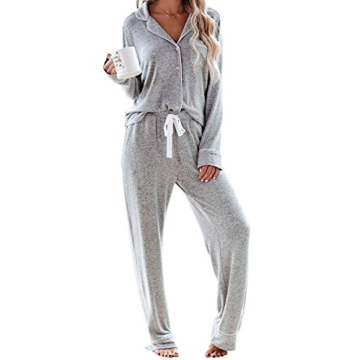 Aamikast Women's Two-piece Classic knit Pajama Sets Long Sleeve Button Down Sleepwear (L, Light Gray...