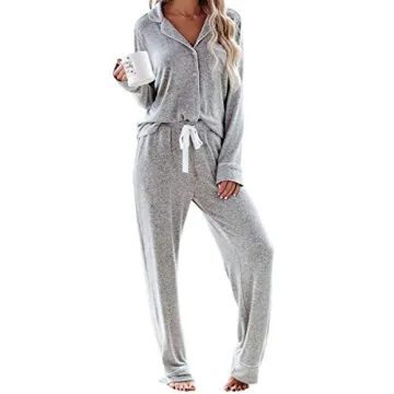 Aamikast Women's Two-piece Classic knit Pajama Sets Long Sleeve Button Down Sleepwear (L, Light Gray...