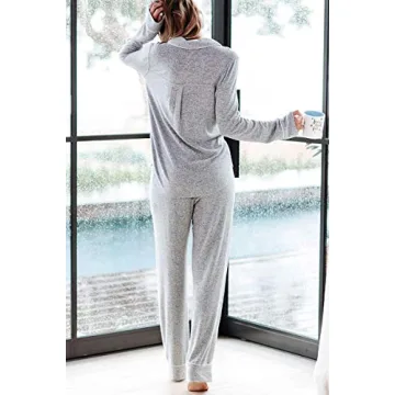 Aamikast Women's Two-piece Classic knit Pajama Sets Long Sleeve Button Down Sleepwear (L, Light Gray)