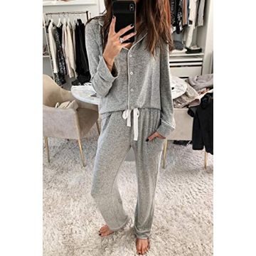 Aamikast Women's Two-piece Classic knit Pajama Sets Long Sleeve Button Down Sleepwear (L, Light Gray)