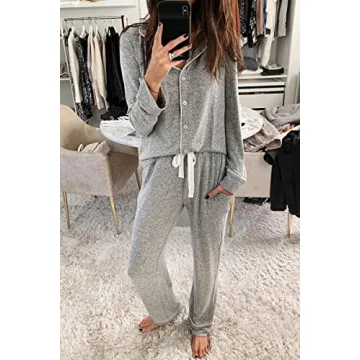 Aamikast Women's Two-piece Classic knit Pajama Sets Long Sleeve Button Down Sleepwear (L, Light Gray)