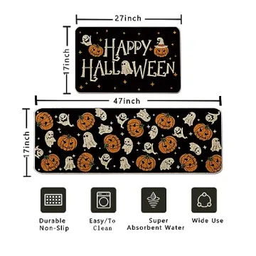 Halloween Kitchen Mat Set of 2 - Ghost Pumpkins Decor