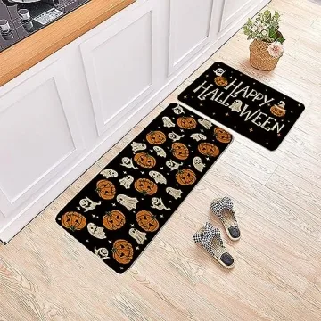 Halloween Kitchen Mat Set of 2 - Ghost Pumpkins Decor