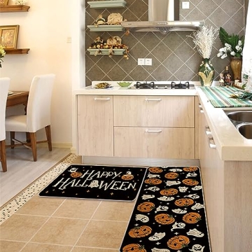 Halloween Kitchen Mat Set of 2 - Ghost Pumpkins Decor