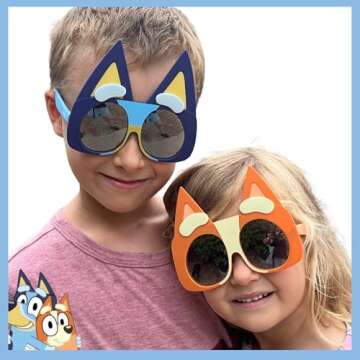 Sun-Staches Bluey Sunglasses Cousins 4 Pack | Dress Up | Theme Party Attire | Photo Ops | Includes Bluey, Bingo, Muffin & Socks | One Size Fits Most Kids