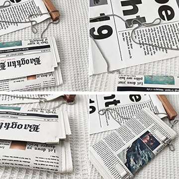 Van Caro Women Novelty Newspaper Evening Handbag,Fashion Envelope Clutch Crossbody Shoulder Purse,PU Leather Letters Chain Purse,White