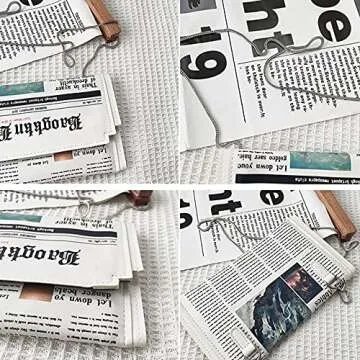 Van Caro Women Novelty Newspaper Evening Handbag,Fashion Envelope Clutch Crossbody Shoulder Purse,PU Leather Letters Chain Purse,White