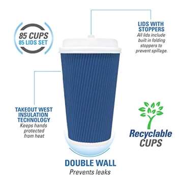 85 Set - Disposable Coffee Cups with Lids 16 oz with Double Wall Insulation ToGo Coffee Cups with Lids (Built in Stoppers) 16 oz Coffee Cups (85 Lids Included) Hot Cups with Lids - Paper Coffee Cups