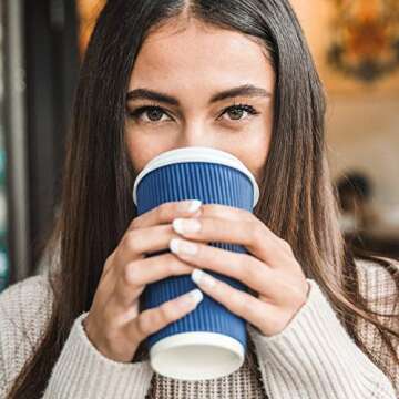 85 Set - Disposable Coffee Cups with Lids 16 oz with Double Wall Insulation ToGo Coffee Cups with Lids (Built in Stoppers) 16 oz Coffee Cups (85 Lids Included) Hot Cups with Lids - Paper Coffee Cups