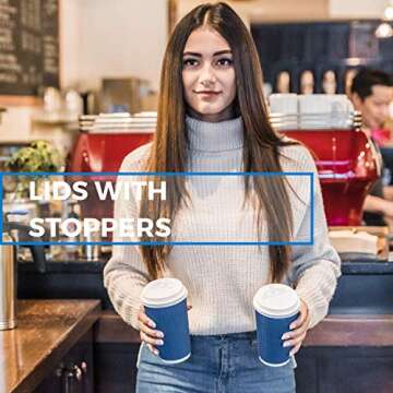 85 Set - Disposable Coffee Cups with Lids 16 oz with Double Wall Insulation ToGo Coffee Cups with Lids (Built in Stoppers) 16 oz Coffee Cups (85 Lids Included) Hot Cups with Lids - Paper Coffee Cups