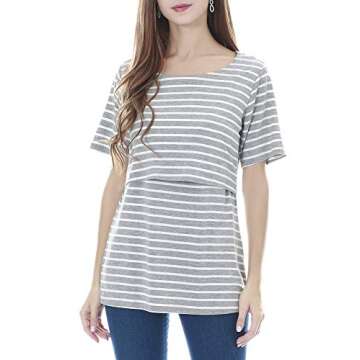 Smallshow 3 Pcs Maternity Nursing T-Shirt Nursing Tops Grey Stripe-Dim Grey-Black Medium