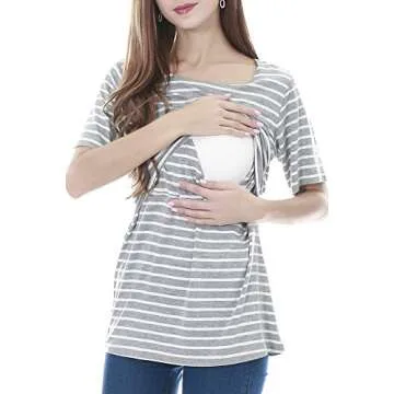 Smallshow 3 Pcs Maternity Nursing T-Shirt Nursing Tops Grey Stripe-Dim Grey-Black Medium
