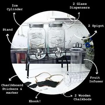 OMINA- 2Pack Glass Beverage Dispenser with Stand, Drink Dispenser with Fruit Infuser & Ice Cylinder ...