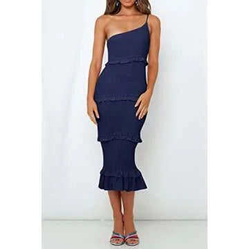 PRETTYGARDEN Women's Summer Midi Bodycon Dresses One Shoulder Strappy Tiered Ruffle Floral Boho Sun Dress (Solid Navy,Large)