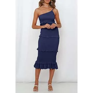 PRETTYGARDEN Women's Summer Midi Bodycon Dresses One Shoulder Strappy Tiered Ruffle Floral Boho Sun Dress (Solid Navy,Large)