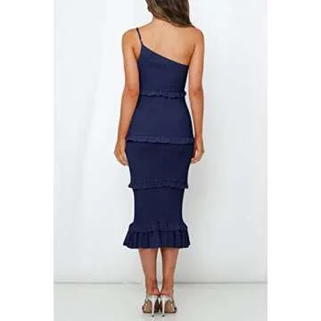 PRETTYGARDEN Women's Summer Midi Bodycon Dresses One Shoulder Strappy Tiered Ruffle Floral Boho Sun Dress (Solid Navy,Large)
