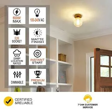 DSMJFU Brass Semi Flush Mount Ceiling Light, Small Hallway Light Fixture, Vintage Close to Ceiling Light Fixture for Bathroom, Entryway, Foyer, Closet