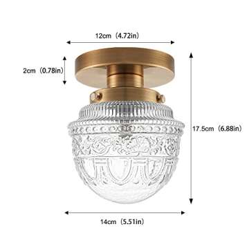 DSMJFU Brass Semi Flush Mount Ceiling Light, Small Hallway Light Fixture, Vintage Close to Ceiling Light Fixture for Bathroom, Entryway, Foyer, Closet