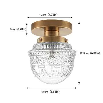 DSMJFU Brass Semi Flush Mount Ceiling Light, Small Hallway Light Fixture, Vintage Close to Ceiling Light Fixture for Bathroom, Entryway, Foyer, Closet