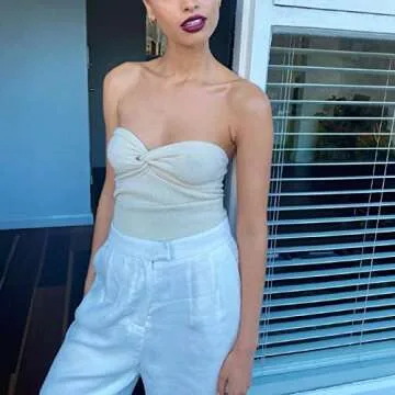 Strapless Crop Top for Women Twist Front Hollow Knitted Tube Top Sleeveless Bandeau Bustier Tops Aesthetic Clothes(Cross Apricot,S)