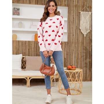 Gihuo Valentine Heart Sweater for Women Cute Kawaii Casual Crewneck Long Sleeve Knitted Pullover Sweaters(Beige-L)