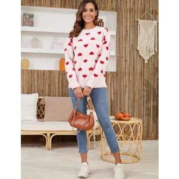Gihuo Valentine Heart Sweater for Women Cute Kawaii Casual Crewneck Long Sleeve Knitted Pullover Sweaters(Beige-L)