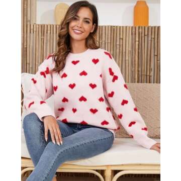 Gihuo Valentine Heart Sweater for Women Cute Kawaii Casual Crewneck Long Sleeve Knitted Pullover Sweaters(Beige-L)