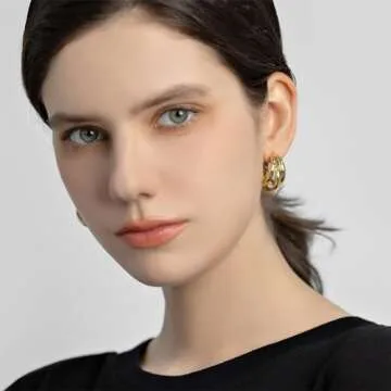 14K Gold Plated Hoops Huggie Earrings for Women, Chunky Gold Split Huggie Earrings Jewelry Gift