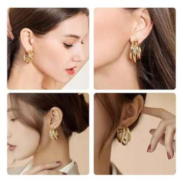 14K Gold Plated Hoops Huggie Earrings for Women, Chunky Gold Split Huggie Earrings Jewelry Gift