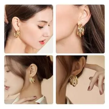 14K Gold Plated Hoops Huggie Earrings for Women, Chunky Gold Split Huggie Earrings Jewelry Gift