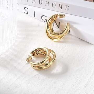 14K Gold Plated Hoops Huggie Earrings for Women, Chunky Gold Split Huggie Earrings Jewelry Gift