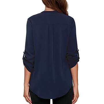 roswear Women's Chiffon V-Neck Business Casual Blouse Work Tops with Cuffed Sleeves Navy Blue Small