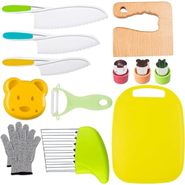 Leking 13 Pcs Wooden Kids Kitchen Knife, Kids Knife Set with Gloves Cutting Board Bear Sandwich Cutt...