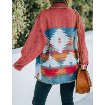 Himythe Women’s Aztec Shacket Jacket Lapel Long Sleeve Retro Jean Coat Oversized Western Denim Jac...