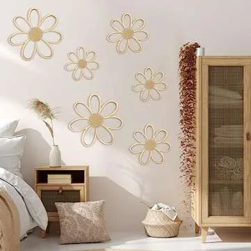 Thyle 6 Pcs Daisy Wall Decor Wooden Daisy Wall Art Flowers Signs Hanging Plaque for Home Nursery Bedroom Farmhouse Bathroom Decorations Housewarming Gifts(Wood Color)