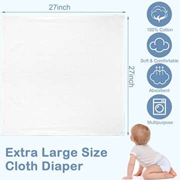 30 Pack Birdseye Cloth Diapers for Babies with 30 Pcs Diaper Pins - Large 27 x 27 Inch Reusable Cott...
