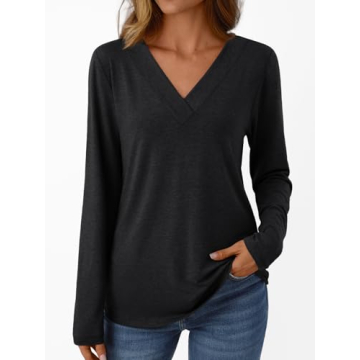 AUTOMET Winter Casual Women's Black Long Sleeve V-Neck Top - Perfect for Layering and Outfits