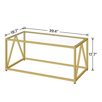 HOOBRO Glass Coffee Table, Gold Coffee Tables for Living Room, Gold Glass Coffee Table,1 Layer Cente...
