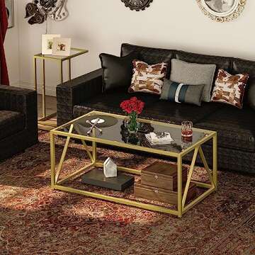 HOOBRO Glass Coffee Table, Gold Coffee Tables for Living Room, Gold Glass Coffee Table,1 Layer Center Table, Modern, for Apartment, Office, 39.4 x 19.7 x 17.7 Inches, Easy Assembly, Golden GD04KF01