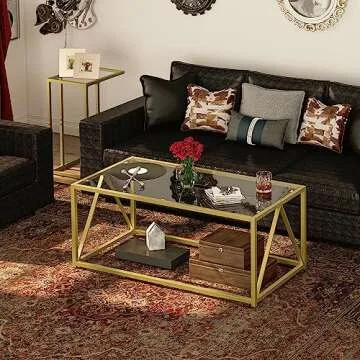 HOOBRO Glass Coffee Table, Gold Coffee Tables for Living Room, Gold Glass Coffee Table,1 Layer Center Table, Modern, for Apartment, Office, 39.4 x 19.7 x 17.7 Inches, Easy Assembly, Golden GD04KF01