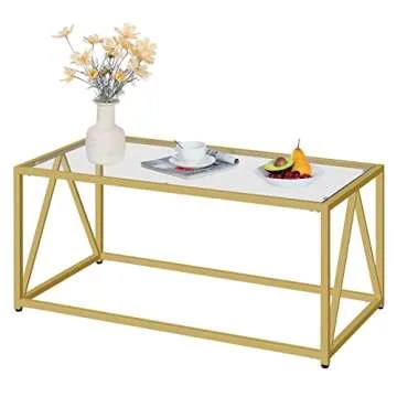 HOOBRO Glass Coffee Table, Gold Coffee Tables for Living Room, Gold Glass Coffee Table,1 Layer Center Table, Modern, for Apartment, Office, 39.4 x 19.7 x 17.7 Inches, Easy Assembly, Golden GD04KF01