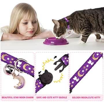 Uteuvili 2 Pack Breakaway Cat Collar with Bell Gold Moons and Stars Safety Collar Kitten Collar with Charm(Black+Purple)