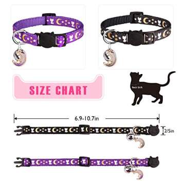 Uteuvili 2 Pack Breakaway Cat Collar with Bell Gold Moons and Stars Safety Collar Kitten Collar with Charm(Black+Purple)