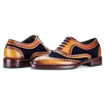 Lethato Wingtip Brogue Oxford Handcrafted Men's Genuine Leather Lace Up Dress Shoes (8.5-9 US, Navy Blue) , Navy Blue , 8.5 - 9 US