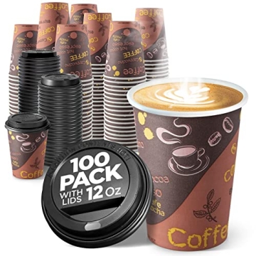 12 Ounce Disposable Coffee Cups with Lids - 100 Pack for Hot & Cold Drinks
